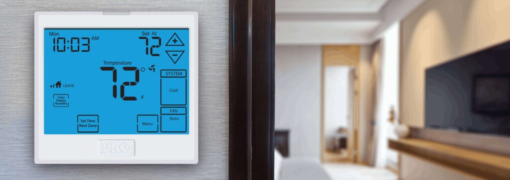 Smart Thermostat mounted on a home wall